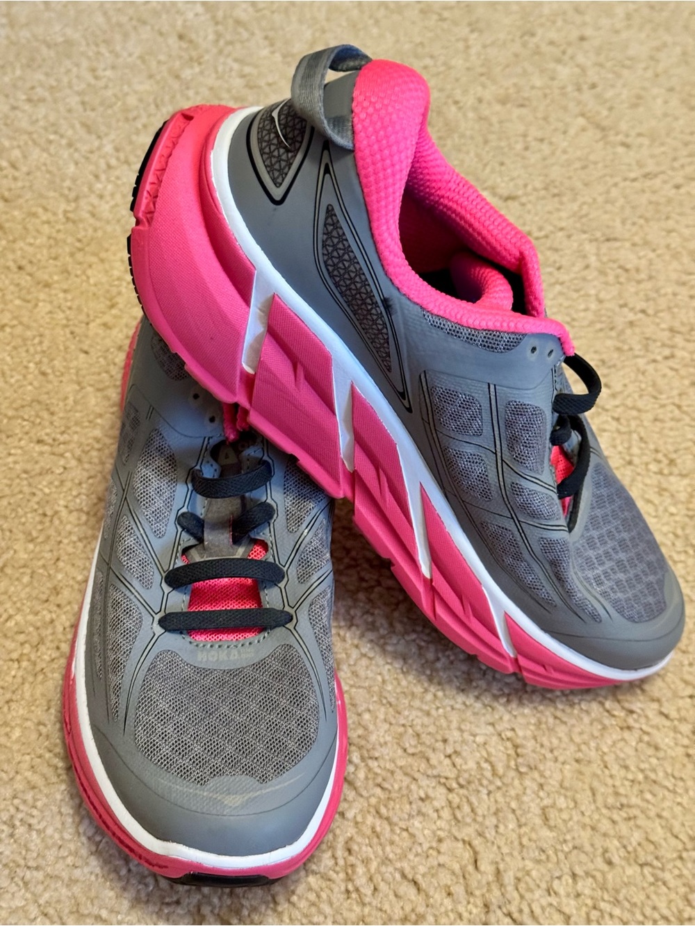 Hoka One on One’s Women's Gray and Hot Pink Athletic Running Shoes - Picture 2 of 8